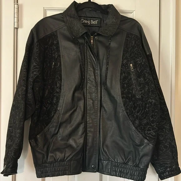 Greg Bell black leather jacket with paisley suede panels. - Picture 3 of 13